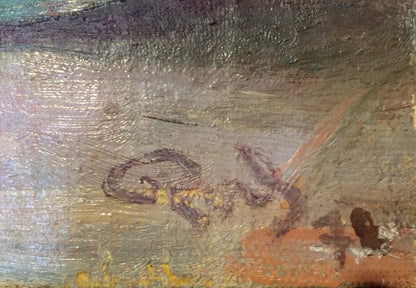 Weathered dark brown signature on back of original watermelon oil painting