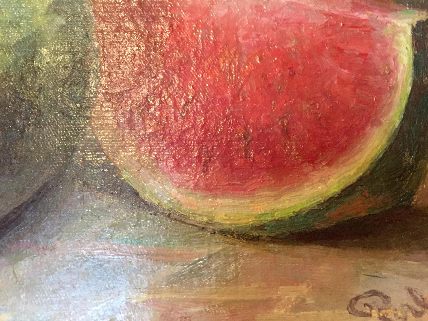 Vibrant red watermelon slice oil painting with green rind, textured brushstrokes