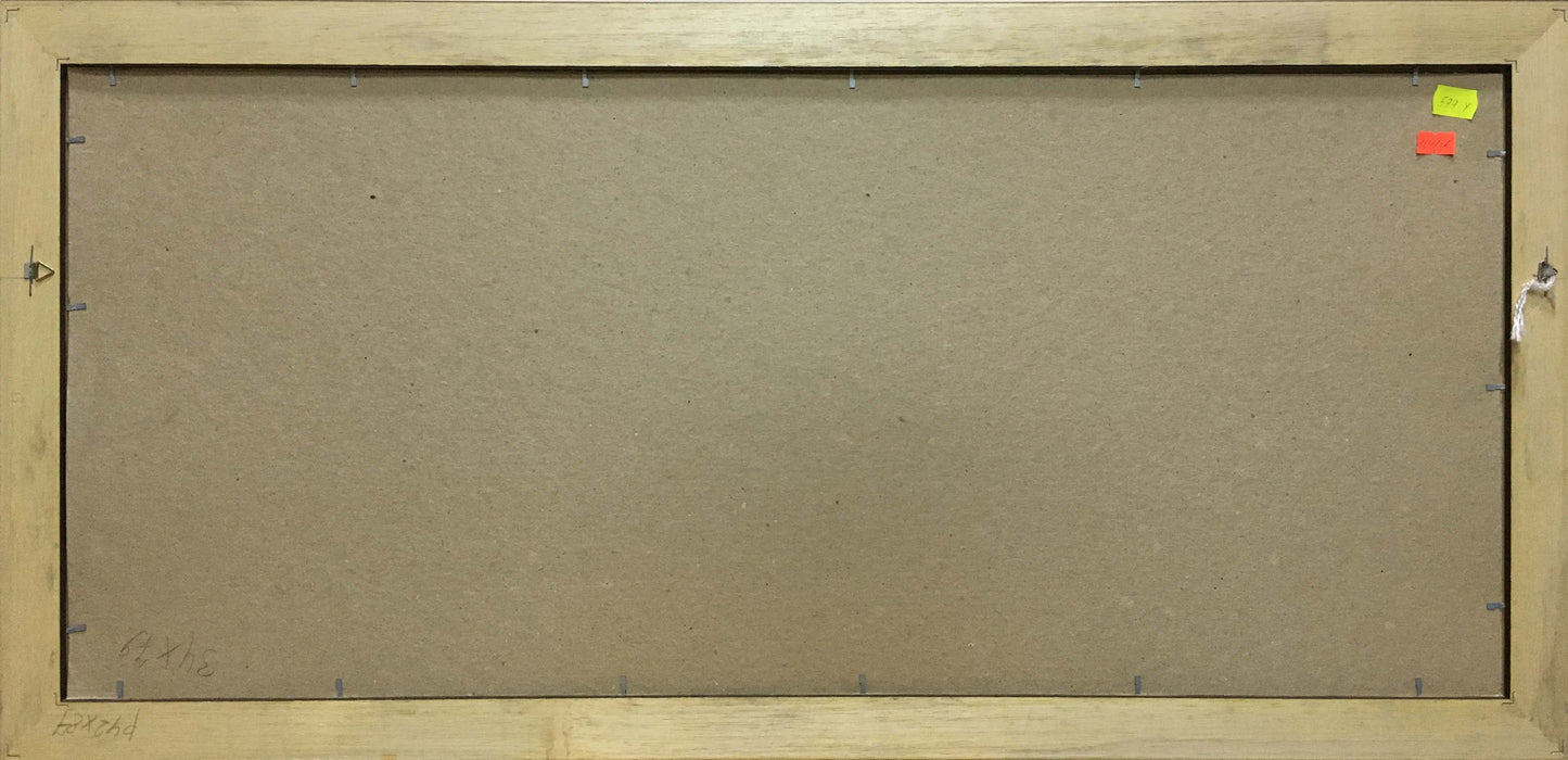 Back of oil painting horse portrait in light wooden frame with beige backing