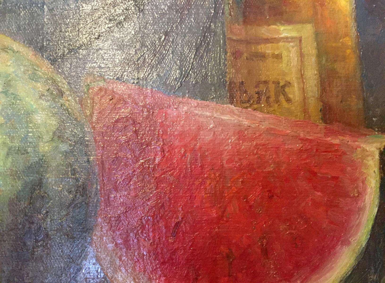 Vibrant red watermelon slice oil painting with textured surface and green rind