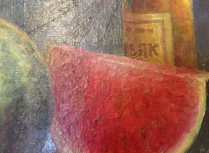 Vibrant red watermelon slice oil painting with textured surface and green rind