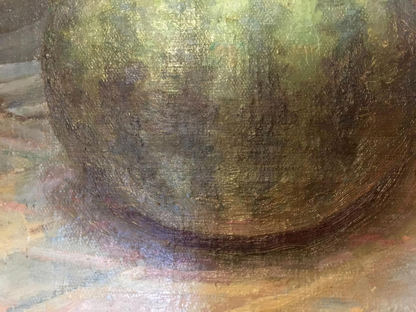 Textured olive-green oil painting sphere with brushstrokes, original watermelon art