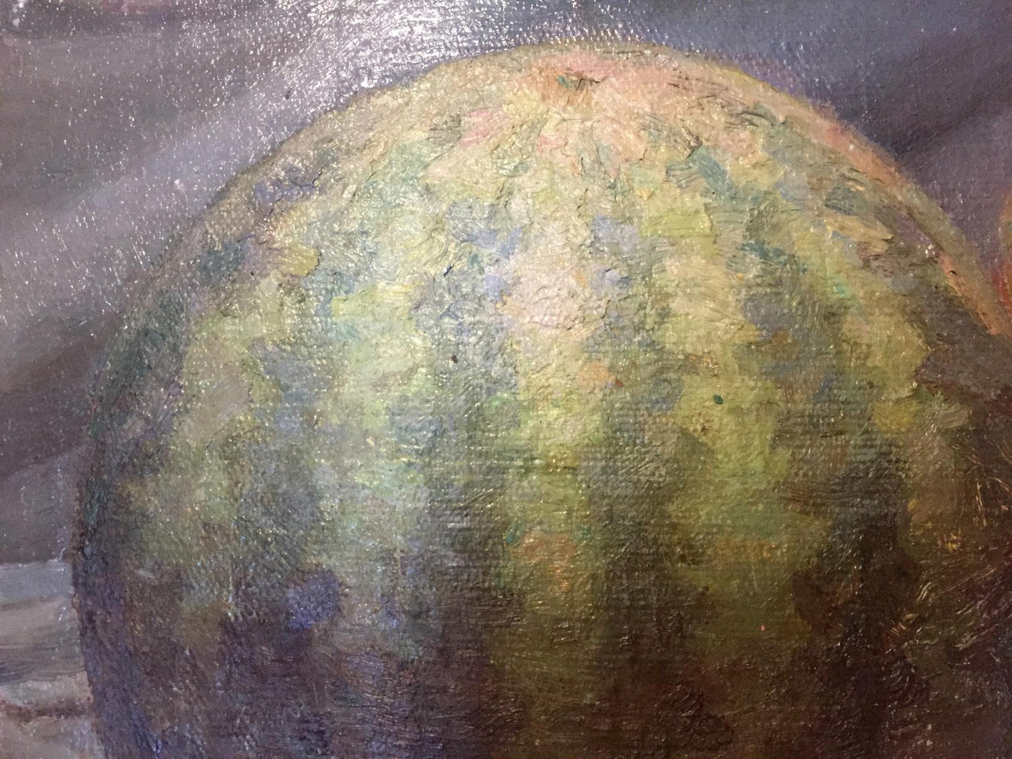 Impressionistic oil painting of textured round watermelon with mottled green yellow rind