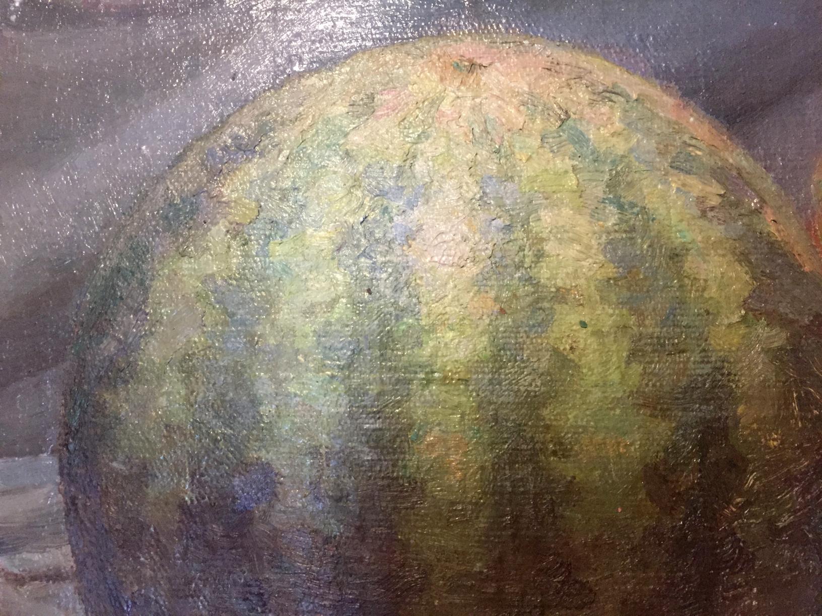 Impressionistic oil painting of textured round watermelon with mottled green yellow rind