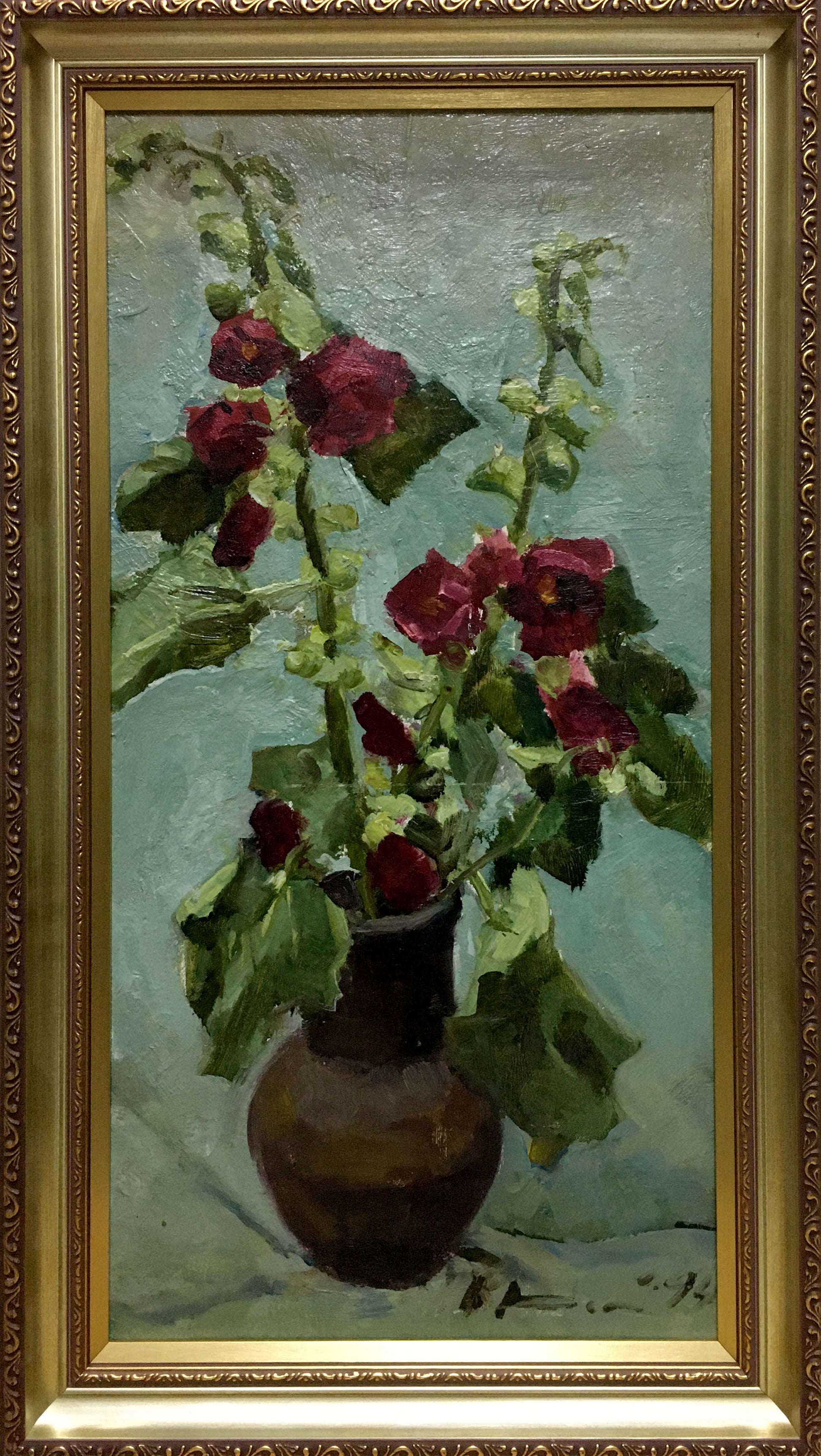 Oil painting of dark brown vase with deep red roses by Volskiy Petr Dmitriyevich