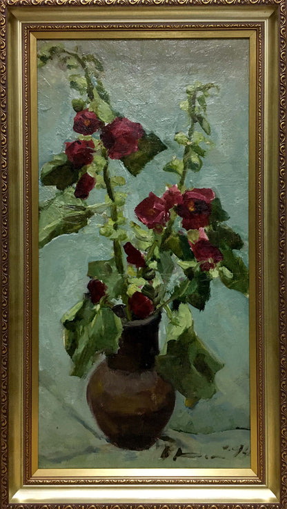 Oil painting of dark brown vase with deep red roses by Volskiy Petr Dmitriyevich