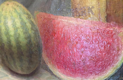 Vibrant oil painting of juicy red watermelon slice beside whole one