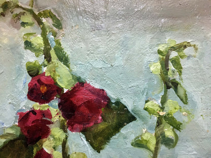 Deep red hollyhocks with green stems and leaves, textured oil painting by Volskiy Petr Dmitriyevich