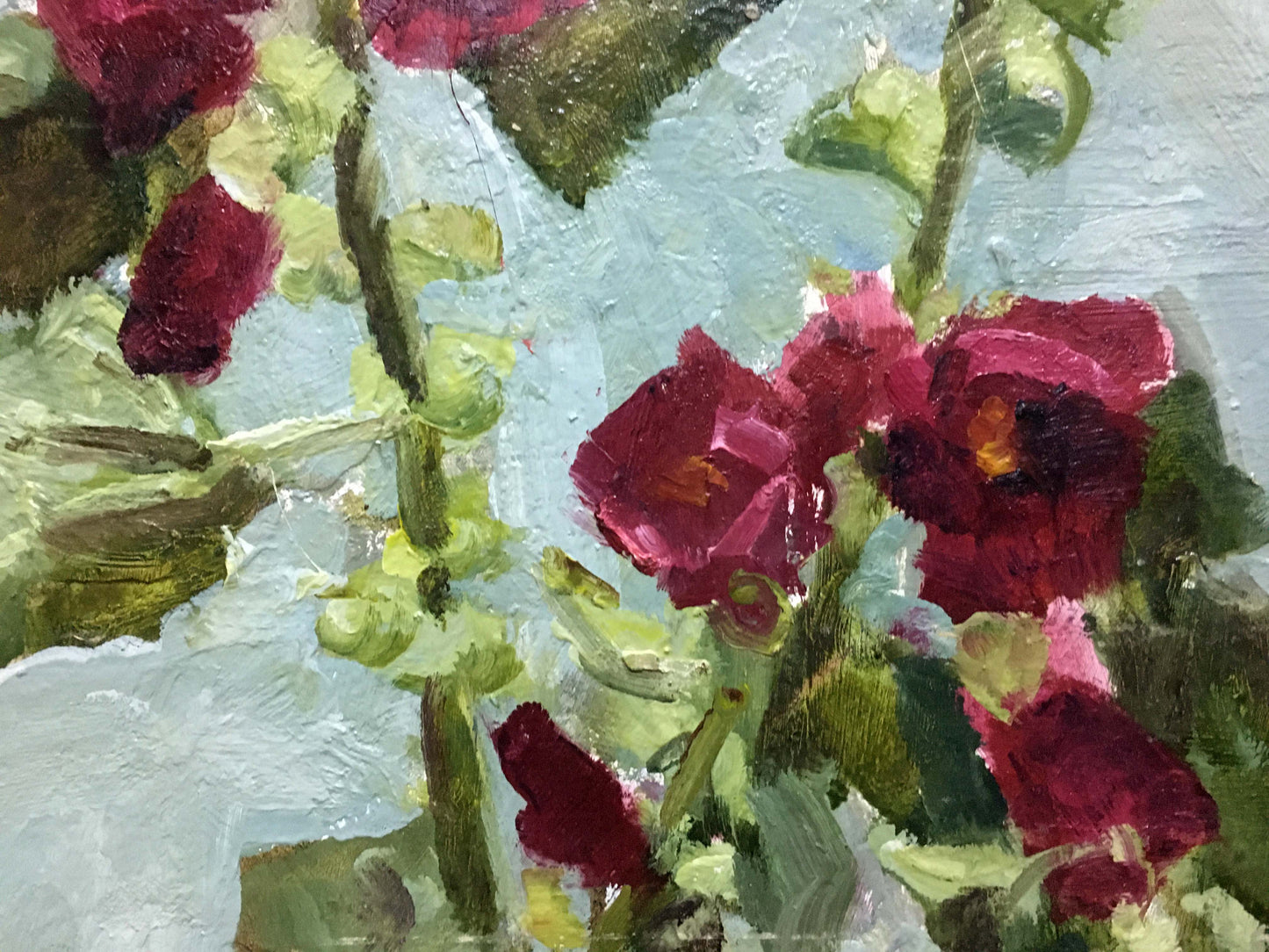 Vibrant crimson hollyhocks oil painting by Volskiy Petr Dmitriyevich