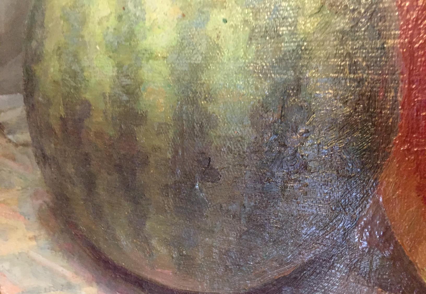 Oil-painted watermelon with textured mottled green dark skin, original painting
