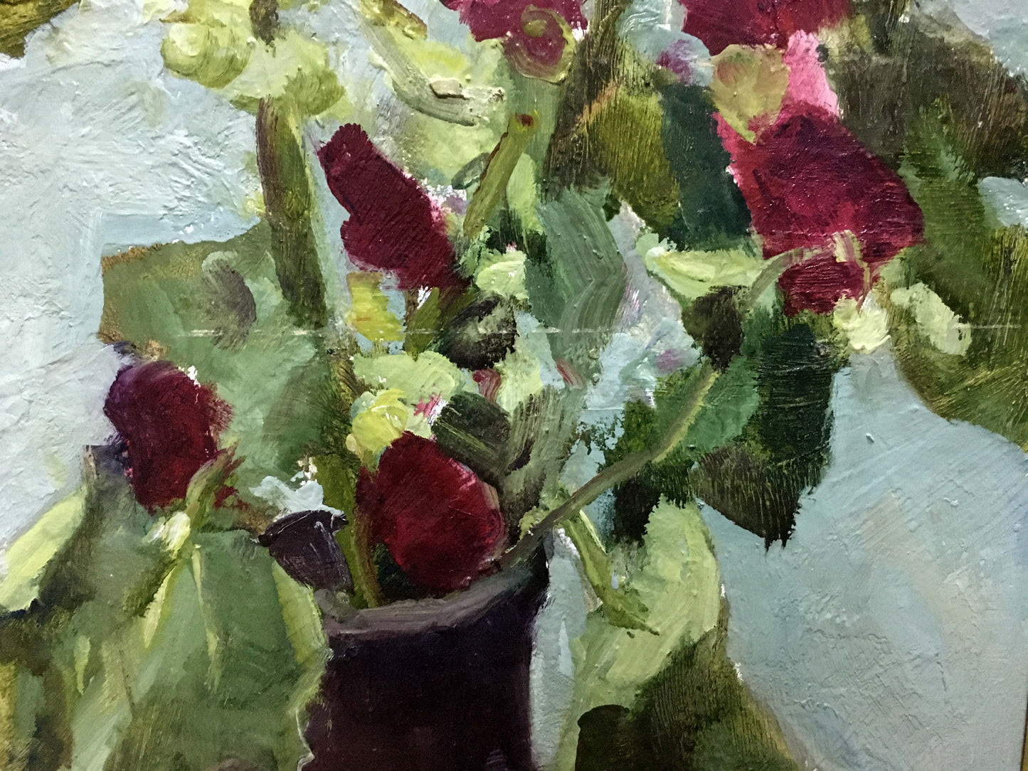 Oil painting of dark ceramic vase with red pink roses by Volskiy Petr Dmitriyevich