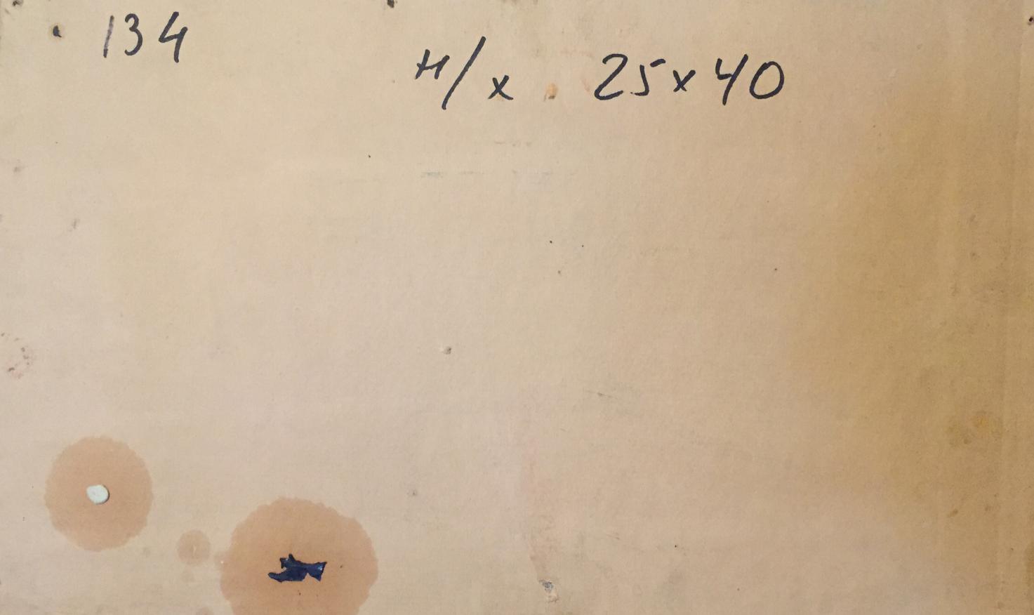 Back of original watermelon oil painting on aged beige paper with stains