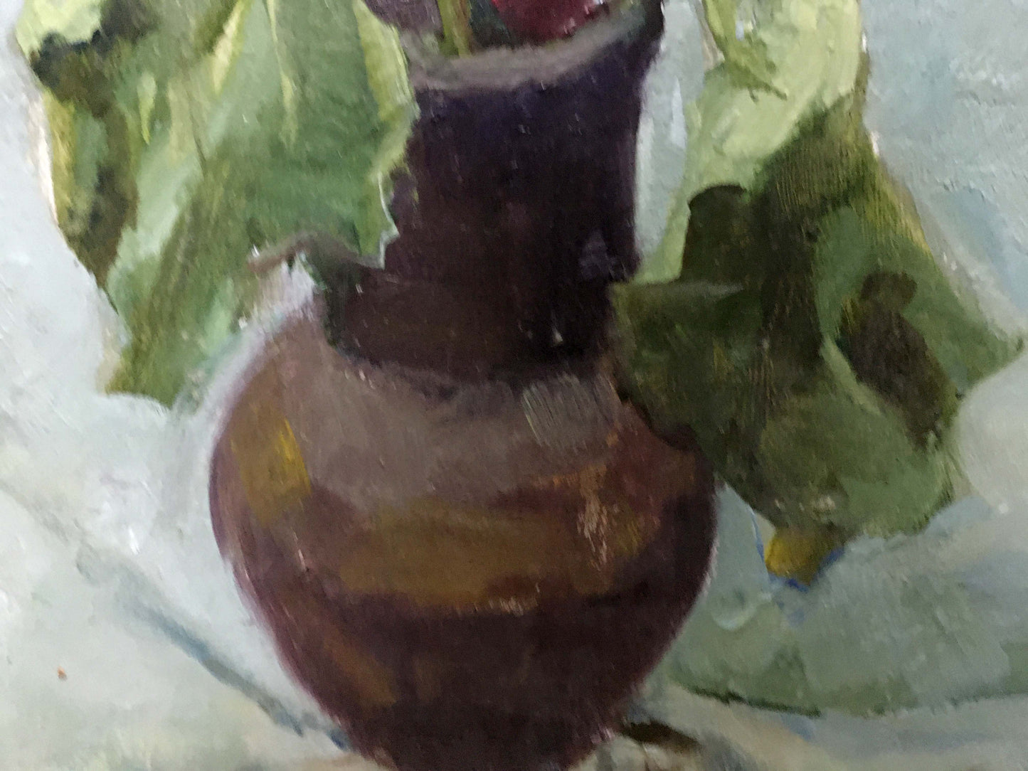 Dark brown ceramic vase with green leaves in Oil painting Roses Volskiy Petr Dmitriyevich