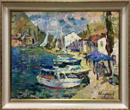 Framed In Port oil painting by Karpov Nikolay Mikhailovich, coastal village scene