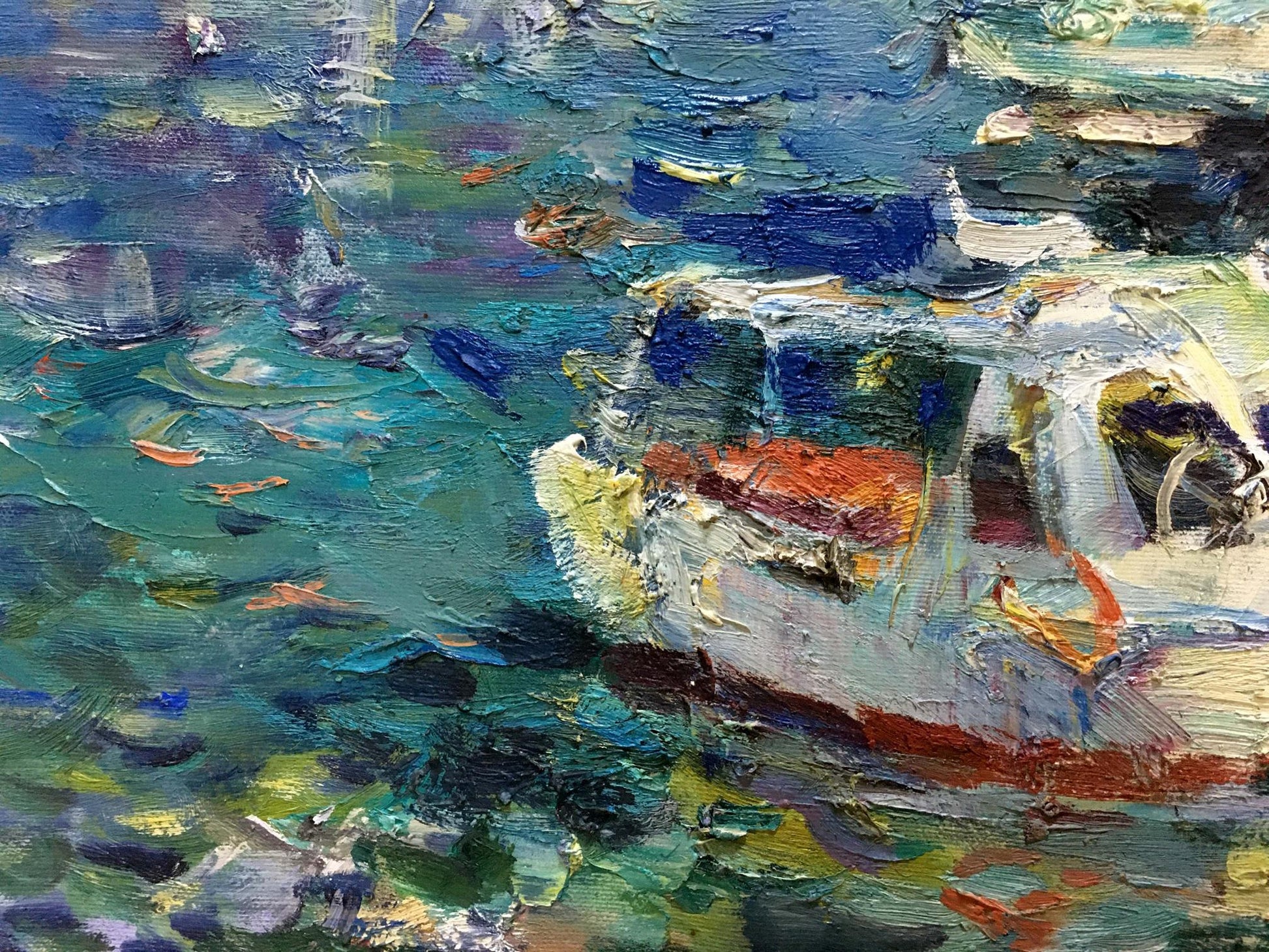 Impressionistic oil painting by Karpov Nikolay Mikhailovich: white red boat in swirling blues greens