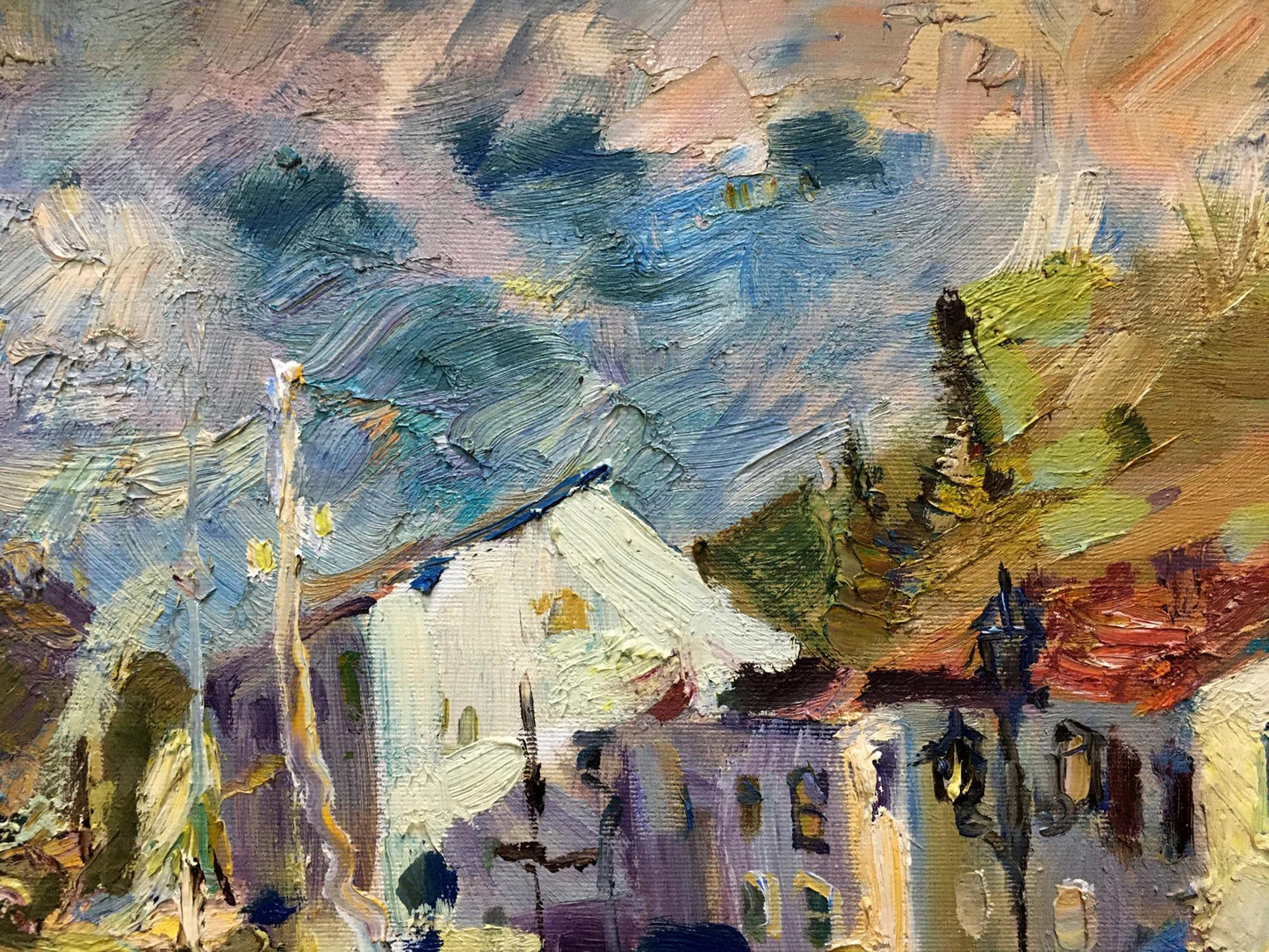 Textured impasto oil painting of Port Karpov village by Nikolay Mikhailovich
