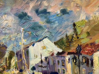 Textured impasto oil painting of Port Karpov village by Nikolay Mikhailovich