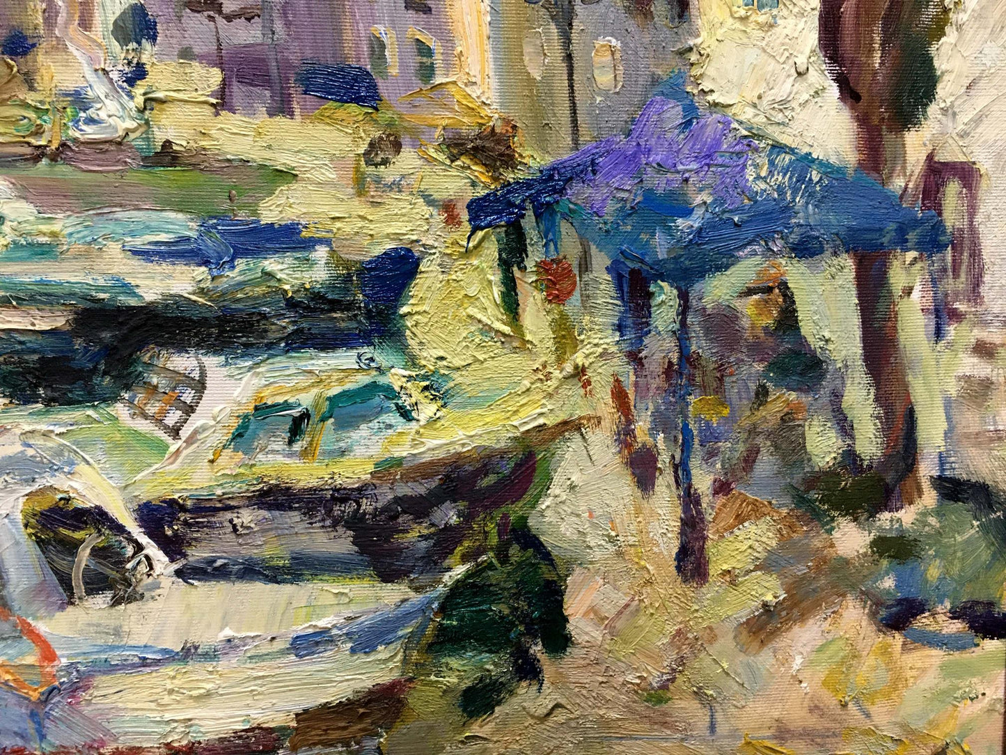 Vibrant oil painting by Karpov Nikolay Mikhailovich: blue umbrella in impasto on yellow-purple backdrop