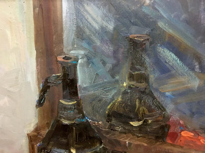Oil painting by Ryman Evgeny Nikolaevich of two dark glass lab flasks