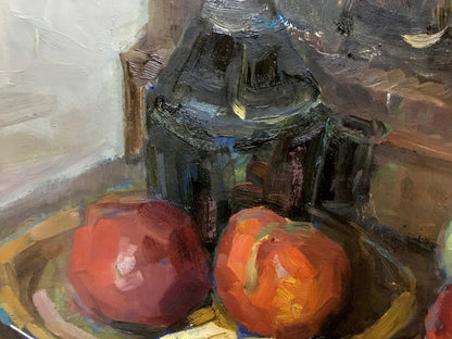 Oil painting For lunch Ryman by Evgeny Nikolaevich: dark glossy bottle behind red apples