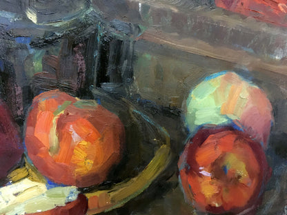 Vibrant impressionistic oil painting of three apples in bowl by Ryman Evgeny Nikolaevich