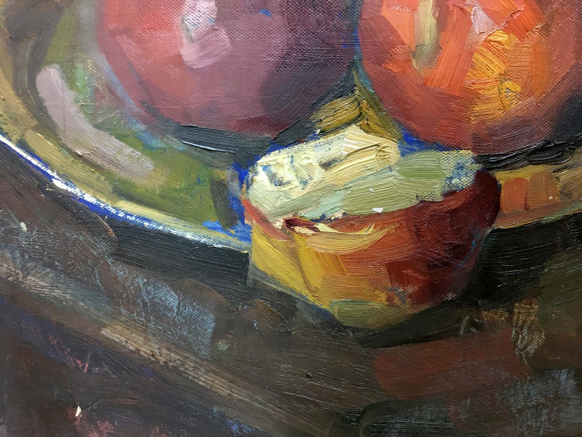 Vibrant oil painting by Ryman Evgeny Nikolaevich of red orange apples in bowl
