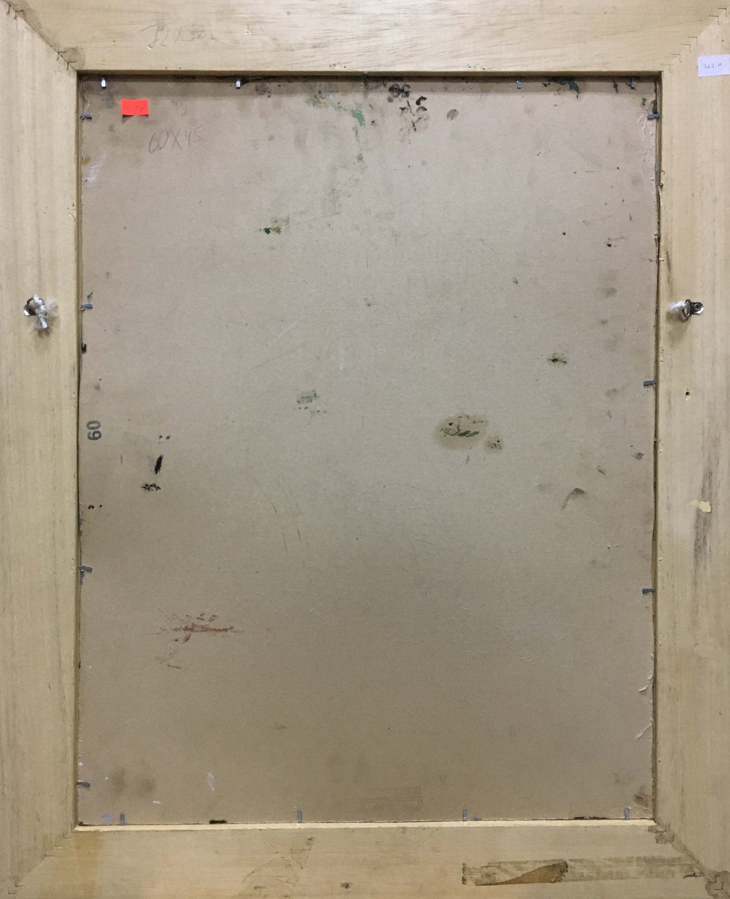Back of aged wooden frame with light beige canvas for Ryman oil painting