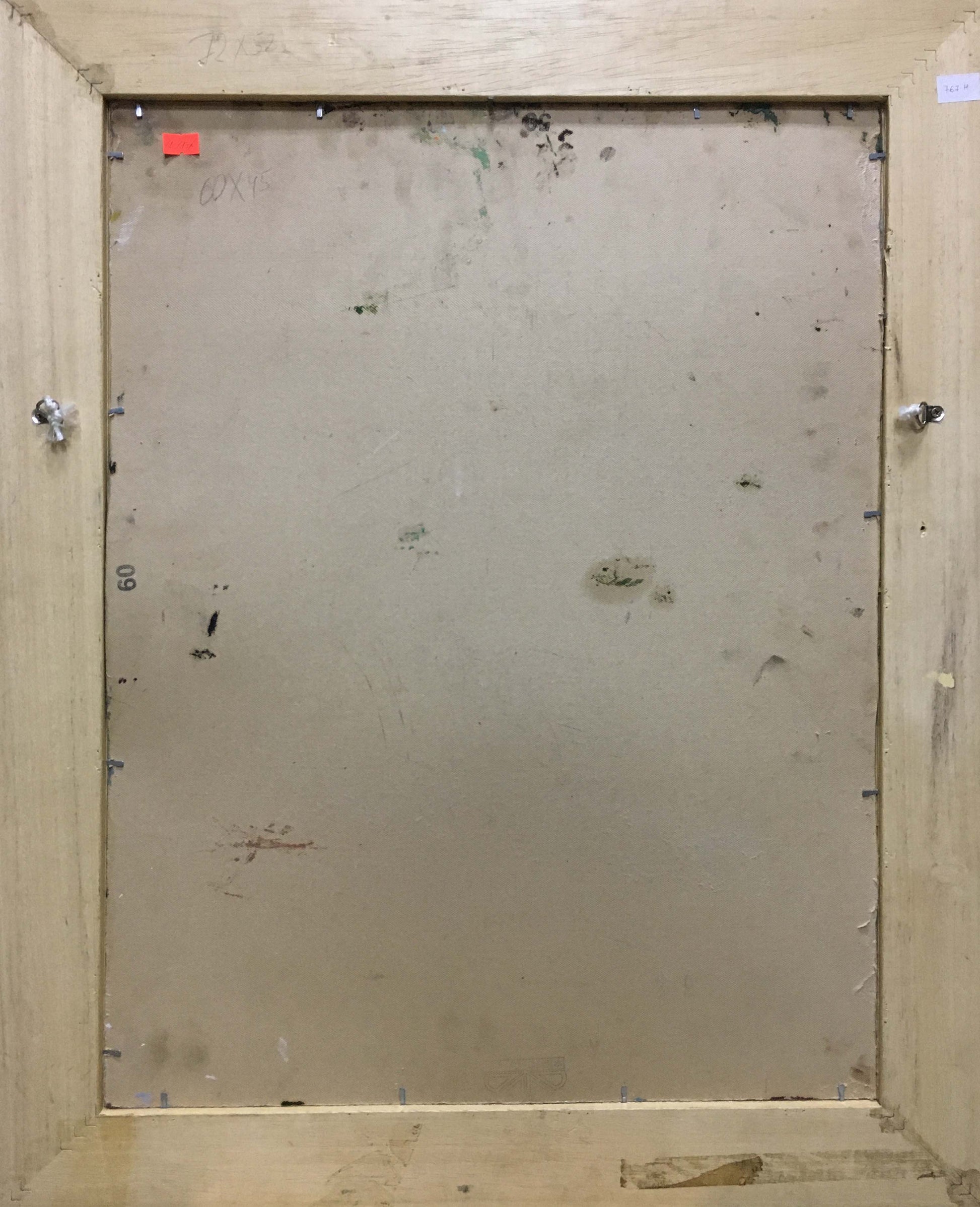 Back of aged wooden frame with light beige canvas for Ryman oil painting