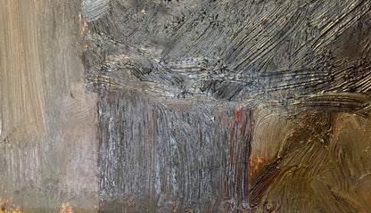 Oil painting of mother with son by Leonid Mikhailovich Stil in grays and browns