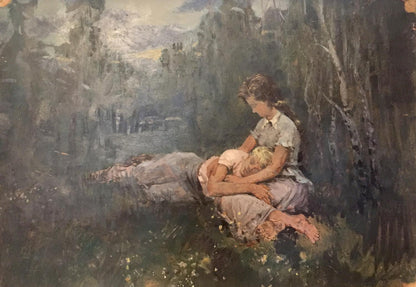 Impressionistic oil painting of mother cradling sleeping son by Leonid Mikhailovich Stil