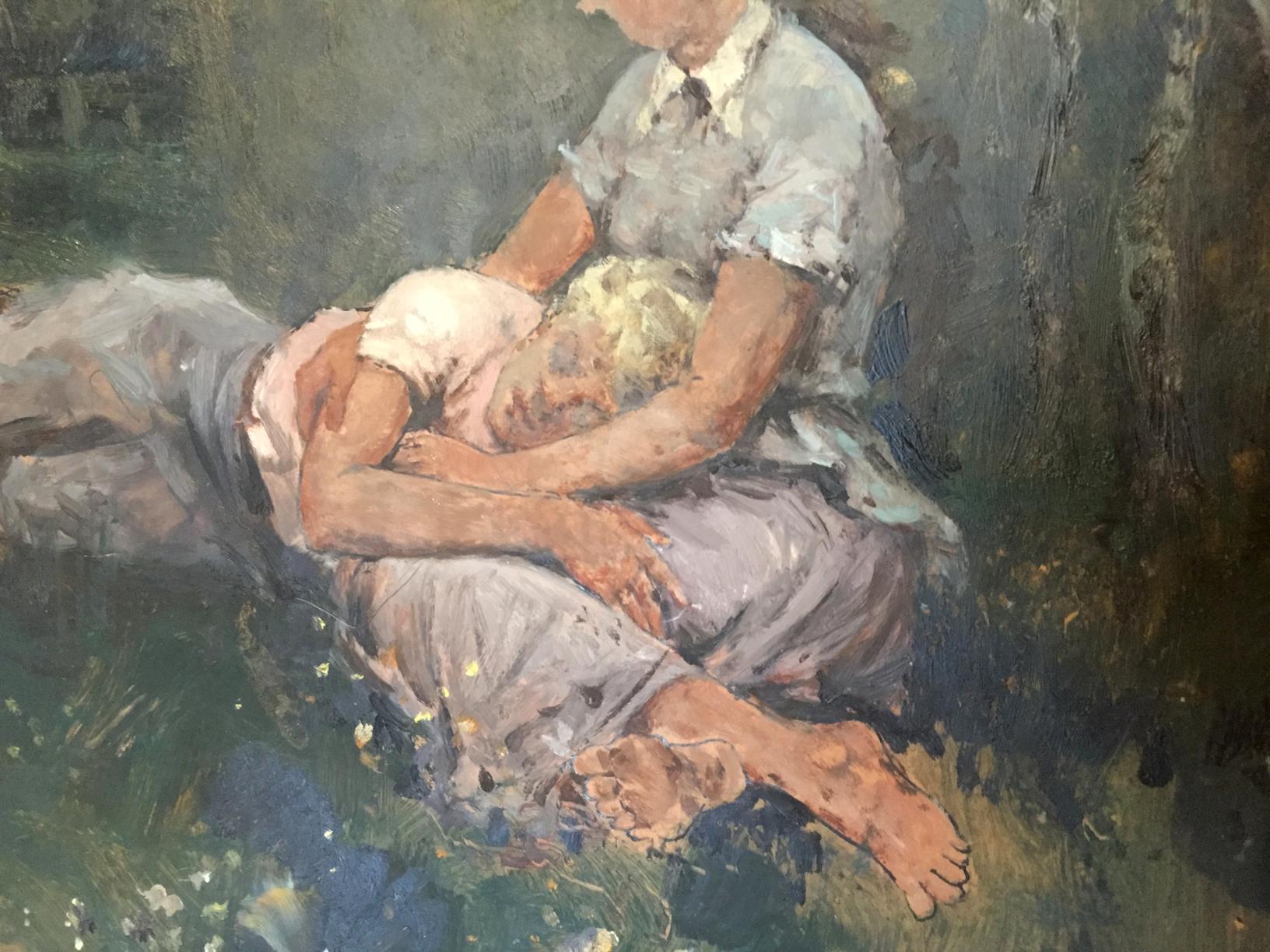 Impressionistic oil painting of mother cradling son by Leonid Mikhailovich Stil