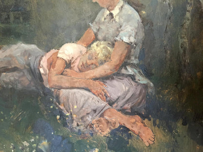 Impressionistic oil painting of mother cradling son by Leonid Mikhailovich Stil