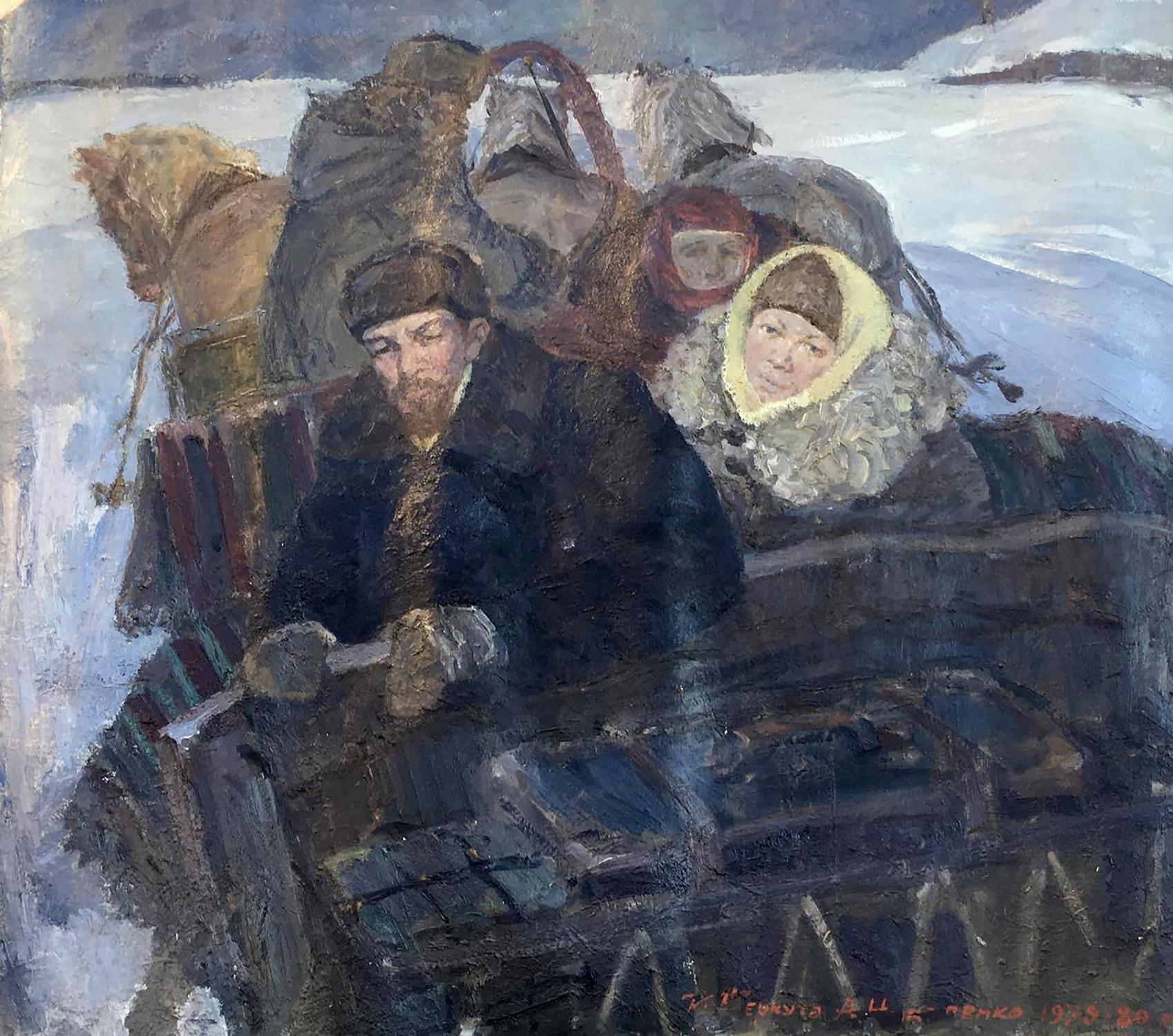 Man in dark blue wool coat with fur hood in snowy landscape, Goodbye Shusha painting