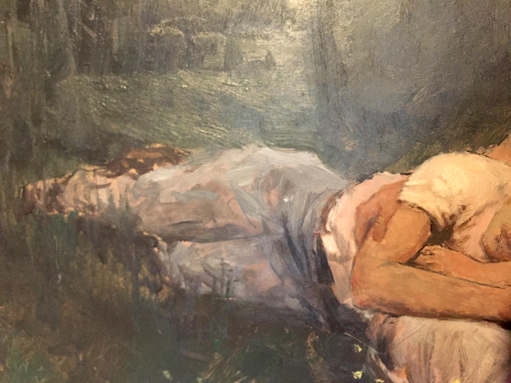 Oil painting of mother with son by Leonid Mikhailovich Stil in forest clearing