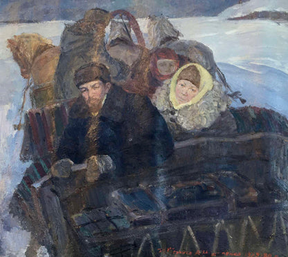Social realism oil painting Goodbye Shusha by Berkuta Kommunar Savelievich Nikolenko Alexander Vasilievich: man and woman in winter clothing on sled with sacks in snowy landscape