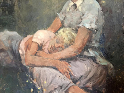 Impressionistic oil painting of mother cradling son by Leonid Mikhailovich Stil