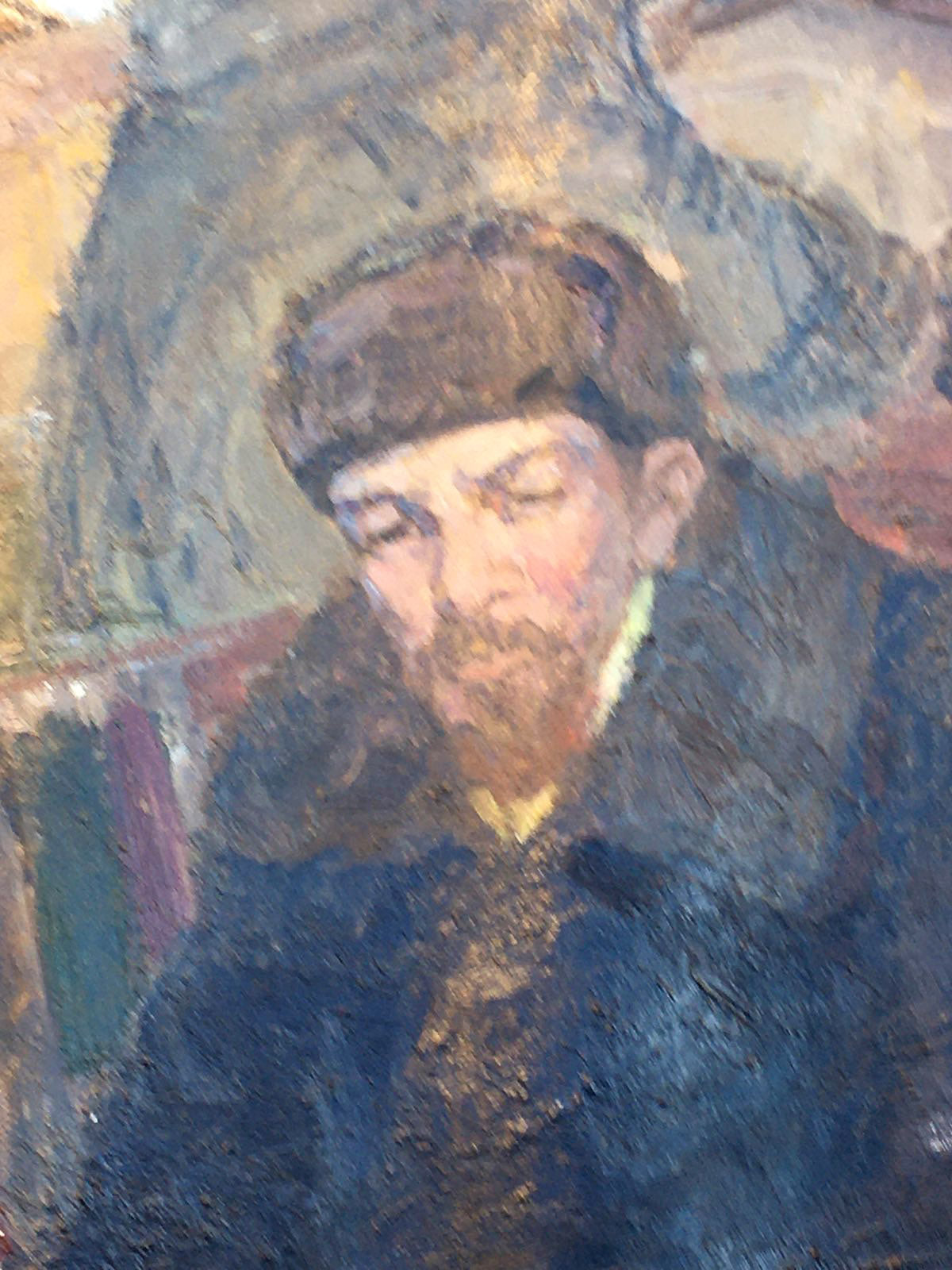 Textured oil portrait of bearded man in fur hat and blue coat by Nikolenko