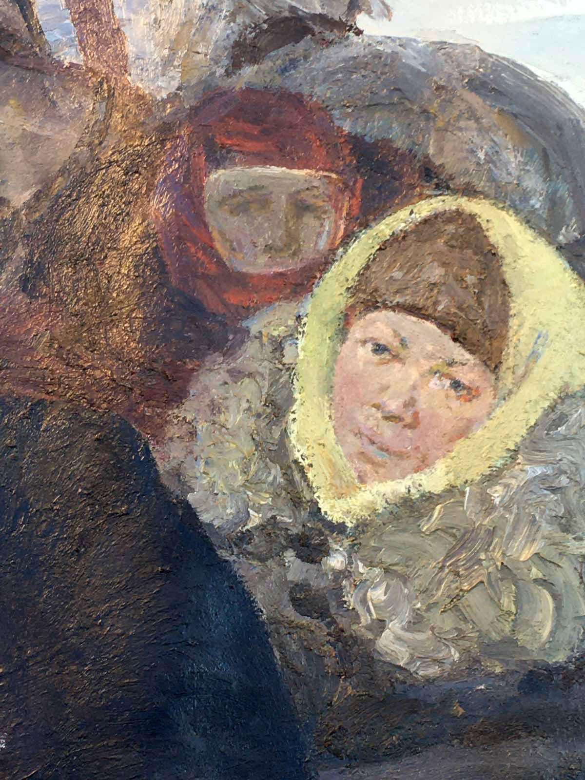 Textured oil painting Goodbye Shusha by Berkuta and Nikolenko, two hooded figures in winter clothes