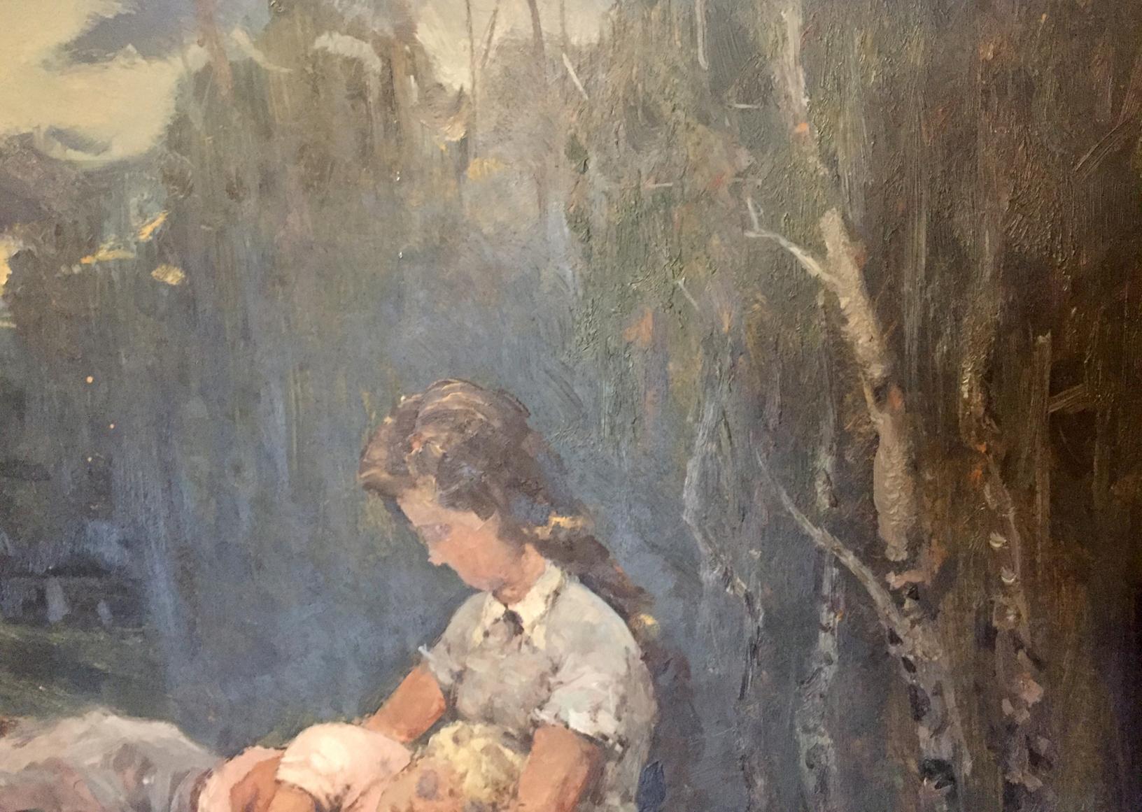 Oil painting of mother with son by Leonid Mikhailovich Stil