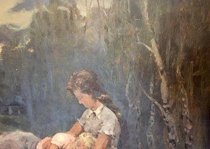 Oil painting of mother with son by Leonid Mikhailovich Stil