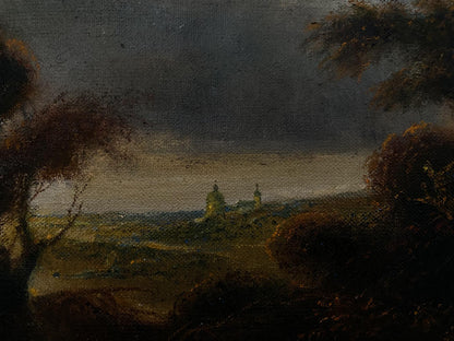 Dark atmospheric oil painting by Litvinov Oleg Arkad’yevich: stormy village and silhouetted trees