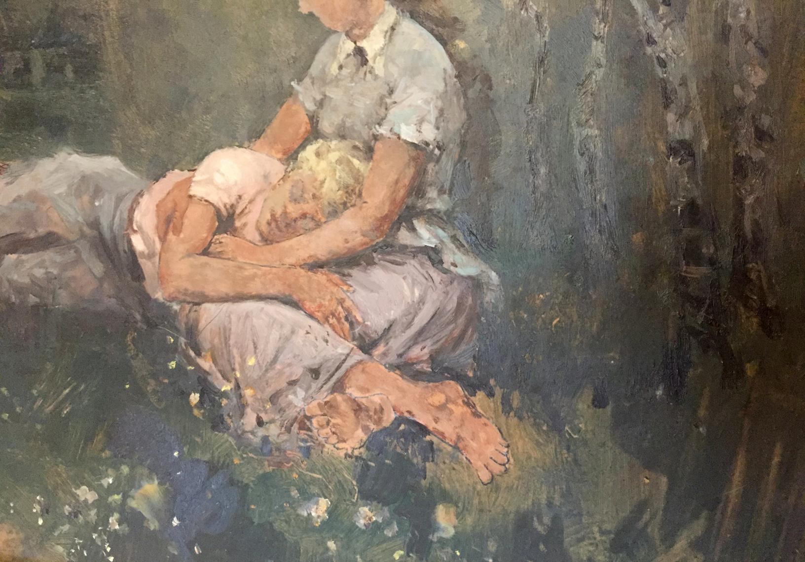 Impressionistic oil painting of mother cradling sleeping son by Leonid Mikhailovich Stil