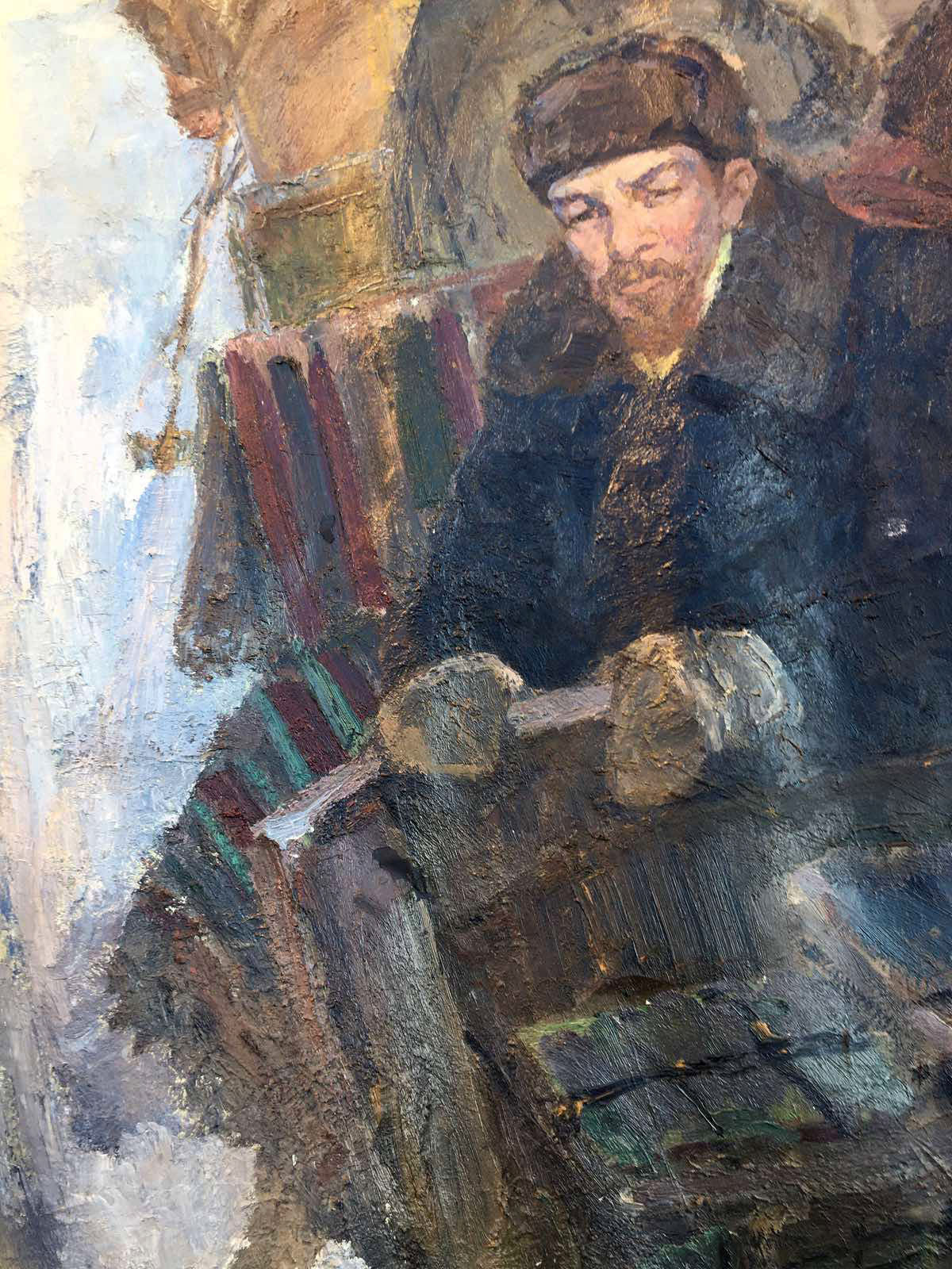 Textured oil painting of bearded man in fur hat and winter coat by Nikolenko