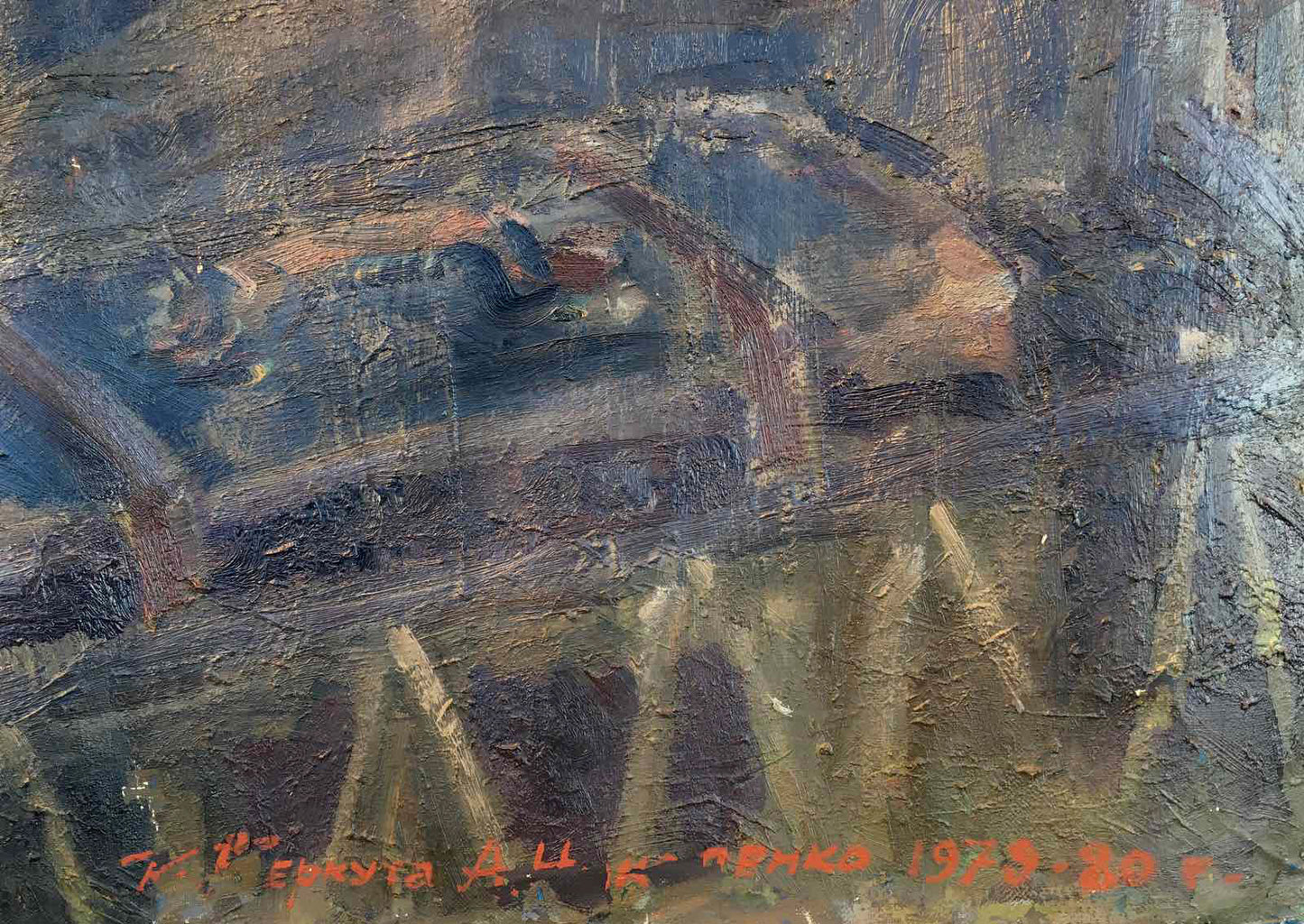 Abstract textured oil painting Goodbye Shusha by Nikolenko in dark blues and ochres