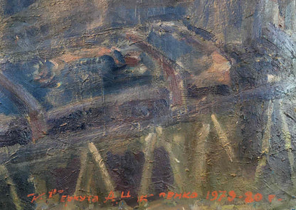 Abstract textured oil painting Goodbye Shusha by Nikolenko in dark blues and ochres