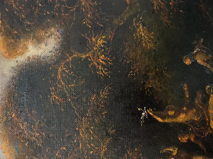 Oil painting Bathers by Litvinov Oleg Arkadyevich with dark swirling brushstrokes and gold orange accents on textured canvas