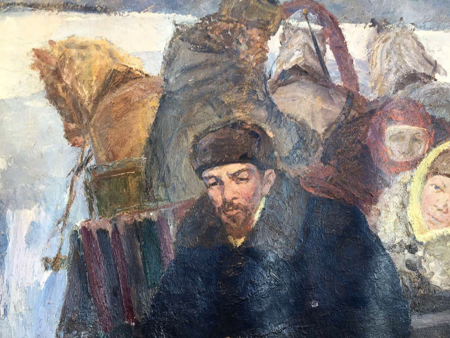 Impressionistic man in blue coat and hat from Goodbye Shusha oil painting
