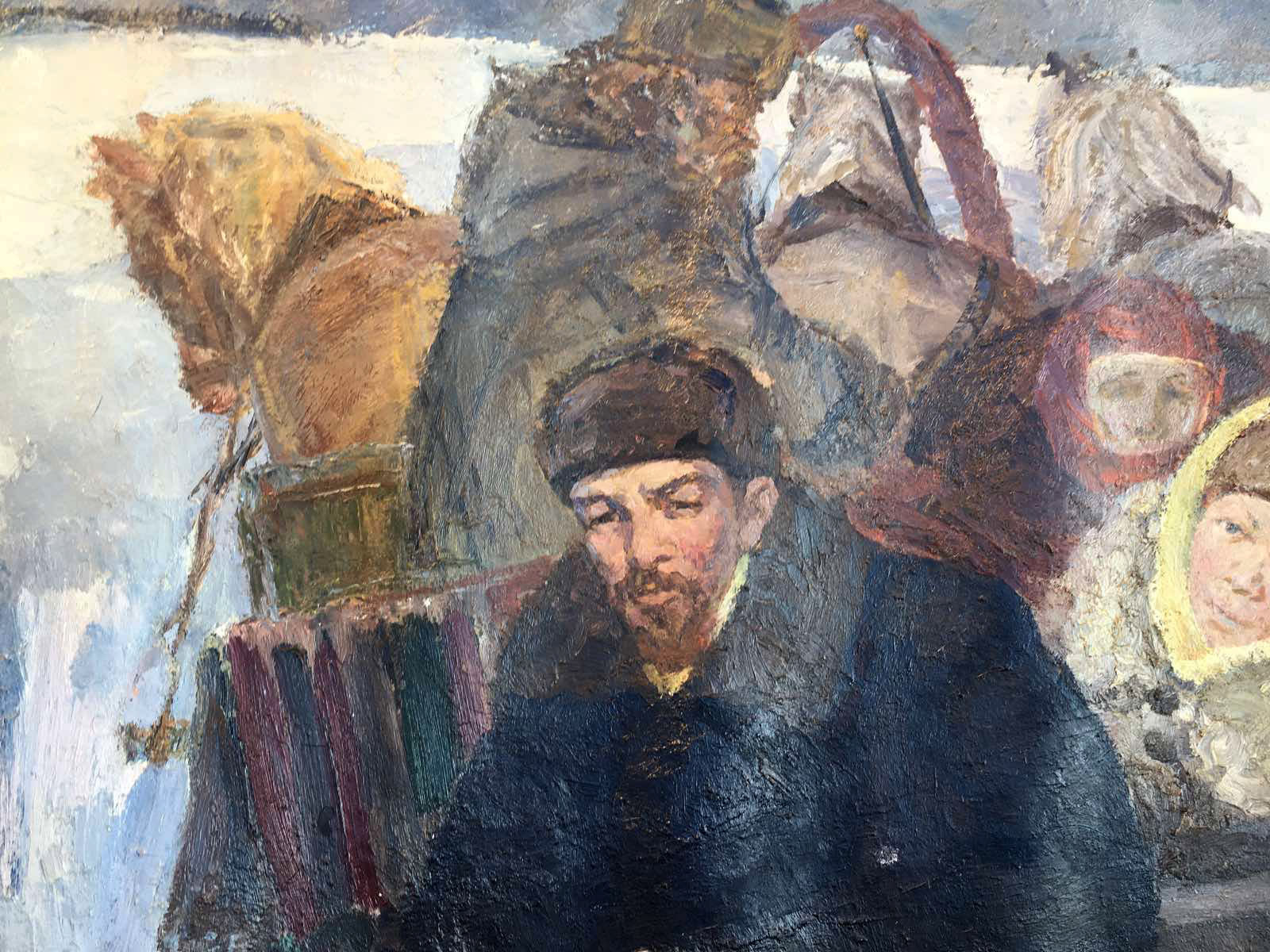 Impressionistic man in blue coat and hat from Goodbye Shusha oil painting