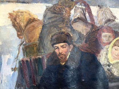 Impressionistic man in blue coat and hat from Goodbye Shusha oil painting