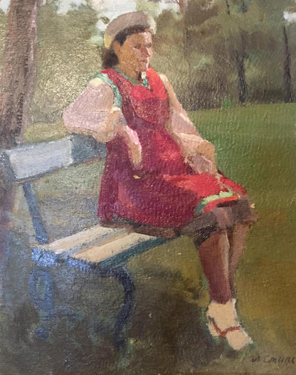 Oil painting of woman in vibrant red dress on park bench by Leonid Mikhailovich Stil